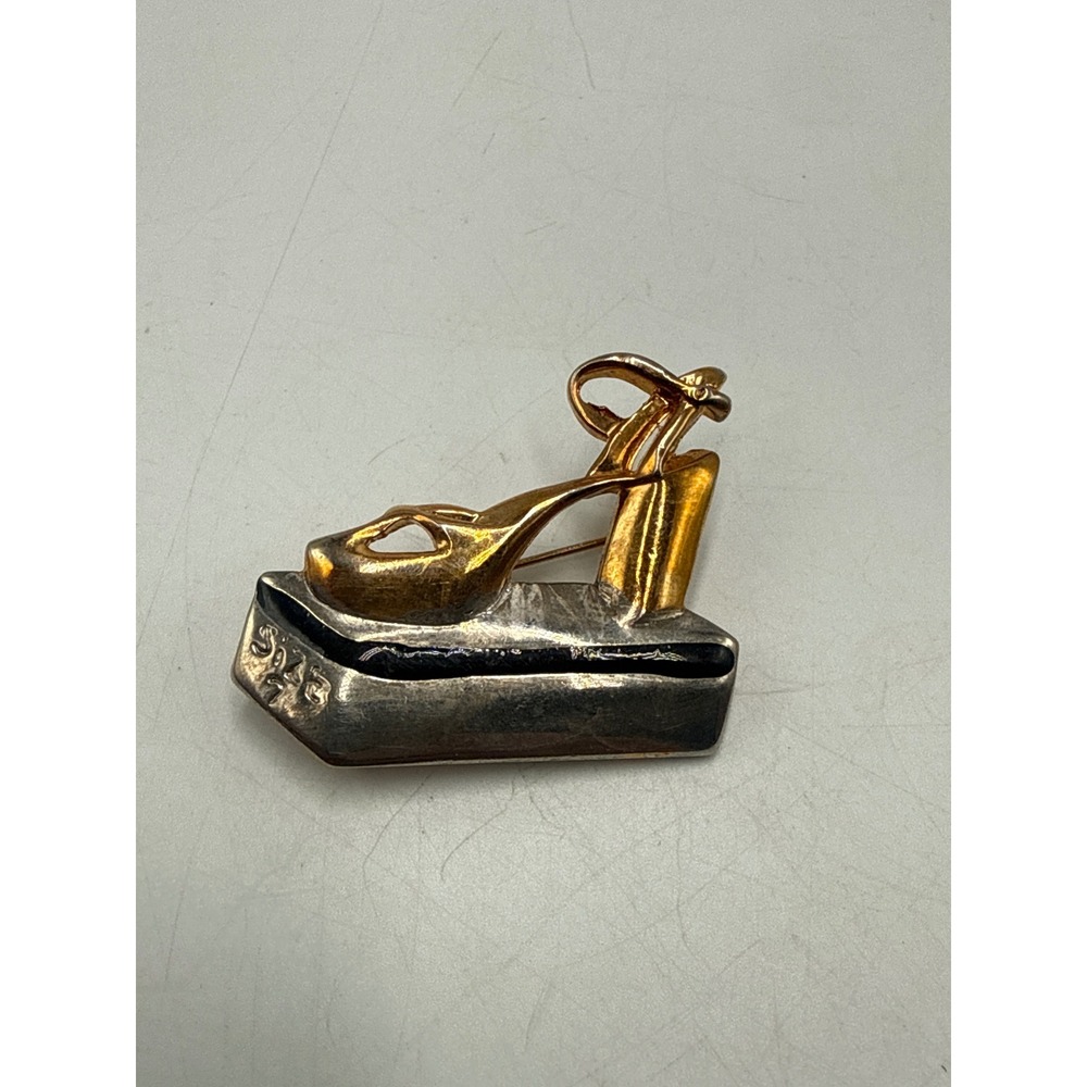 Vintage Two Tone High Heel Shoe Brooch Platform Sandal Enamel Pin